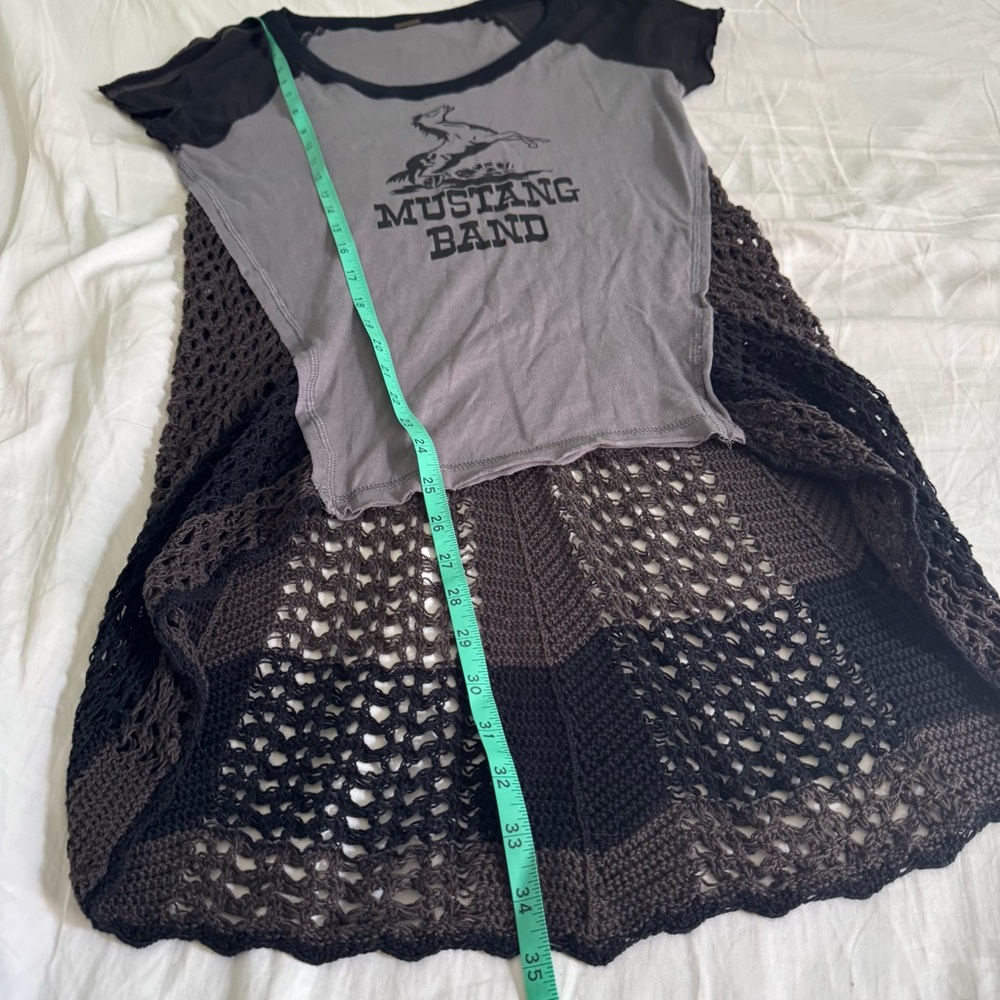 Free People Mustang Band Tee Crochet Mesh Back Top gray black Small mixed media - Picture 5 of 11